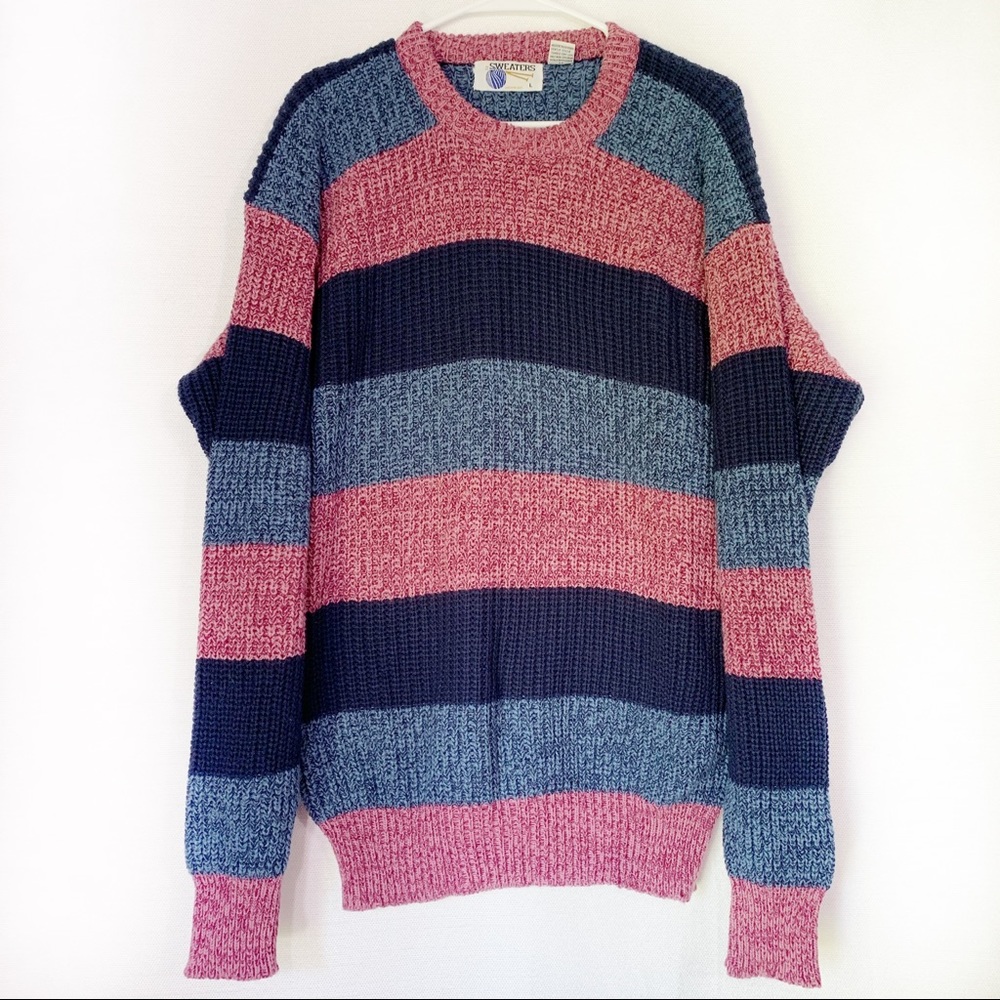 Vintage Blue Red Crewneck Cable Knit Sweater L